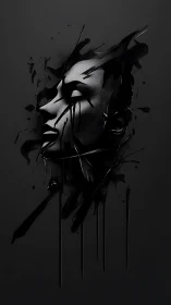 Rendered monochrome face emerges from fluid black surface