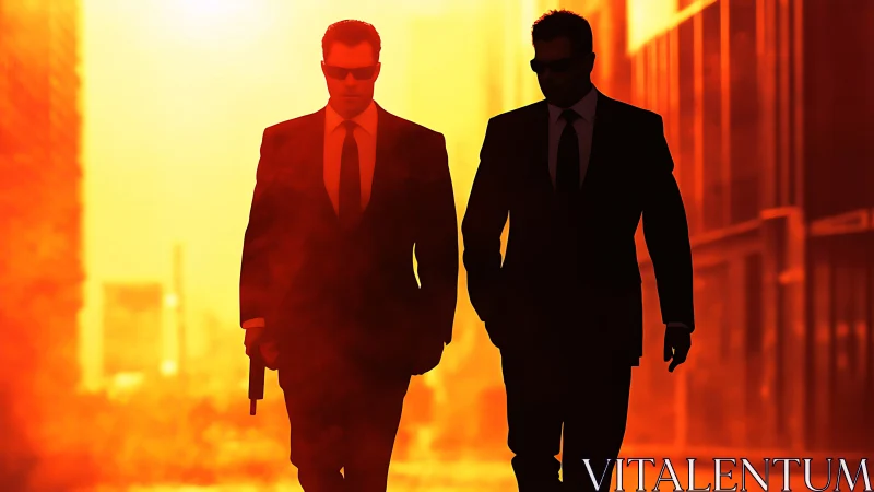 Two suited men walk through orange city street backlight