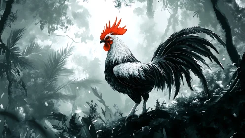 Majestic rooster stands defiant in misty forest realm.