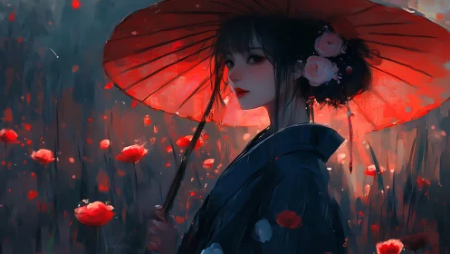 Woman with red parasol in stylized poppy field at dusk.