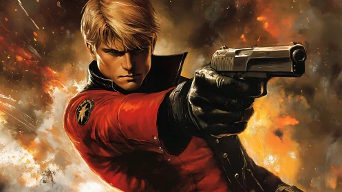 Blond gunslinger in crimson jacket amid roaring firestorm.