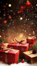 Glowing holiday gifts rest softly under dreamy snowfall