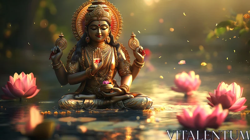Divine goddess statue over lotus pond in golden light.
