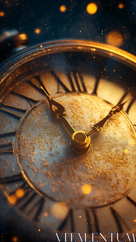 Rustic clock face with golden sparks and roman numerals.