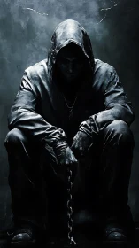 Hooded solitary figure in low key chiaroscuro with hanging chain