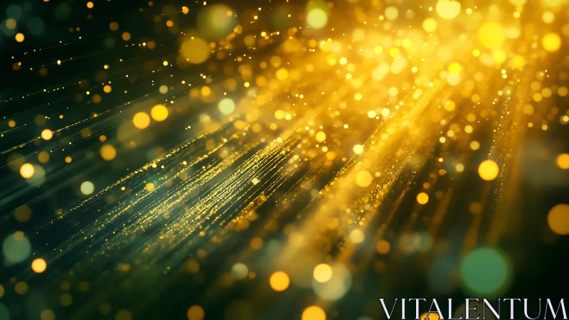 Abstract golden light rays and bokeh particles in motion, digital art.