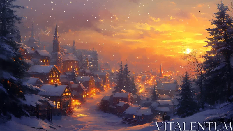 Snow covered alpine village at sunset with glowing windows