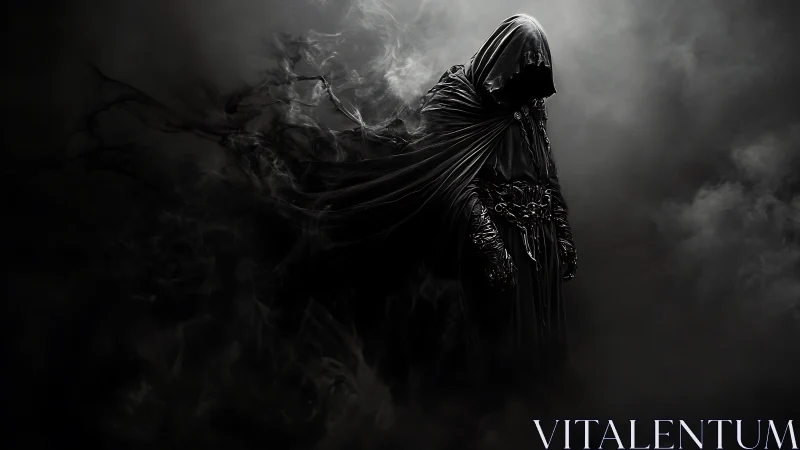 Hooded dark figure in swirling black smoke and shadows.