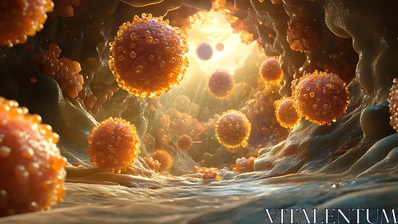 Radiant microscopic spheres drift through a glowing cell tunnel