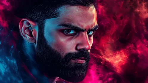 Intense bearded man in neon red and blue portrait art.