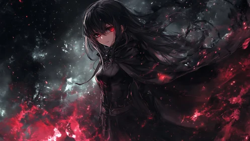 Dark haired anime heroine wrapped in crimson stormlight.