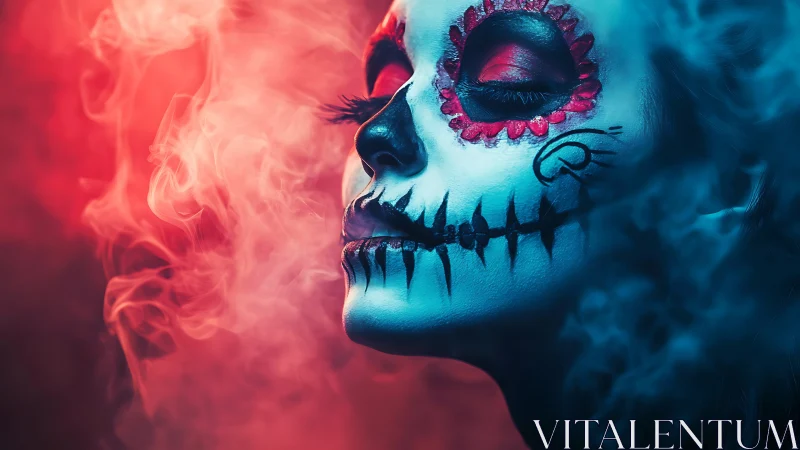 Dreamy sugar skull portrait wrapped in glowing colored mist.