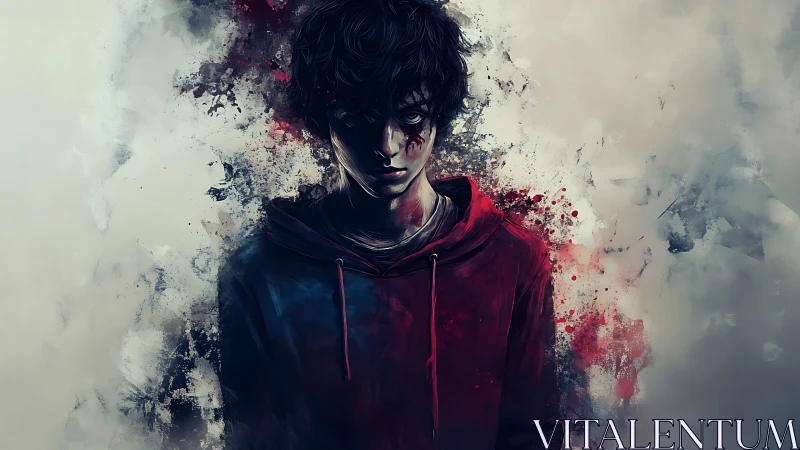 Haunted youth wrapped in crimson shadows and splintered light.
