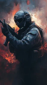 Tactical soldier with rifle in stylized fiery battlefield.