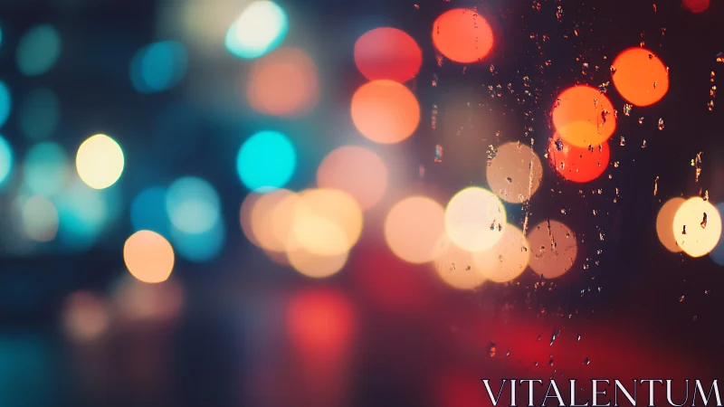 Rainy window captures dreamy urban bokeh at night.
