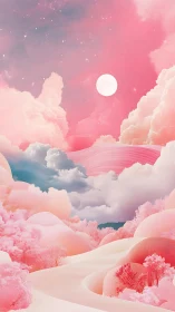 Digital landscape depicts layered pink clouds under full moon