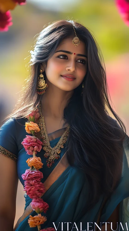 Young woman in blue saree with floral garland portrait.