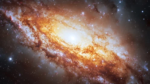 Spiral galaxy core blazes with golden dust in deep space