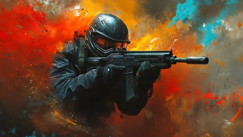 Tactical assault operator amid chromatic explosive turbulence.