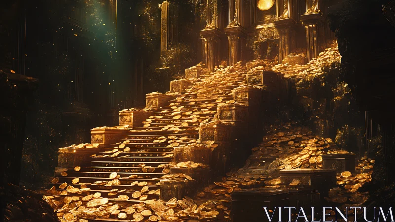 Golden treasure steps ascend toward ornate throne hall.