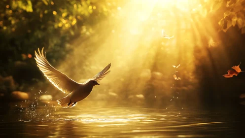 Tranquil dove in golden sunlight over water, nature photography.