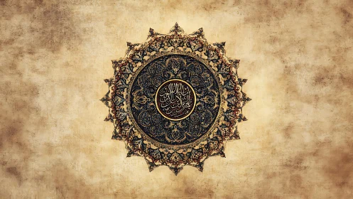Ornate circular Islamic calligraphy medallion on aged parchment.