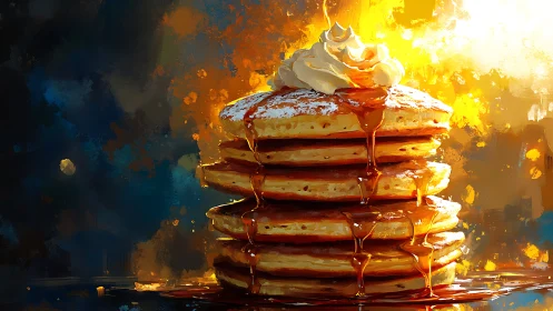 Stack of Pancakes with Syrup and Whipped Cream Artwork.