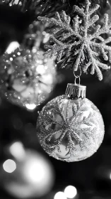 Monochrome closeup of glittered snowflake ornaments.