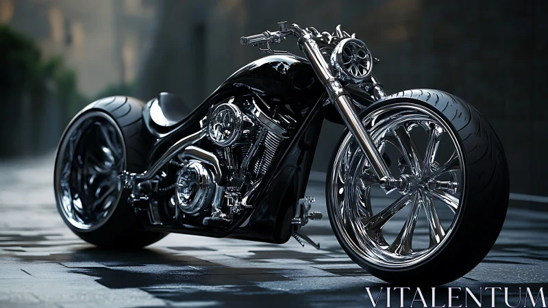 Midnight custom motorcycle gleaming with chrome swagger.