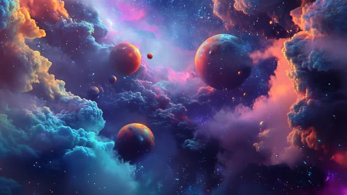 Celestial nebulae envelop multiple planets in luminous chroma