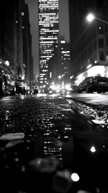 Low-angle wet street scene captures nocturnal city luminance