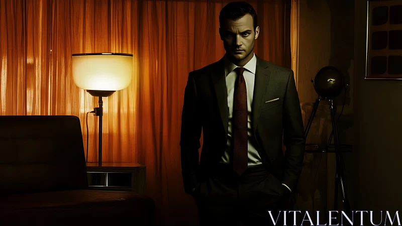 Cinematic low‑key portrait of businessman in moody interior.