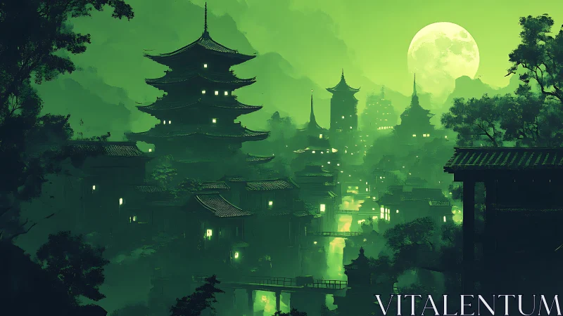 Layered pagoda skyline under green-tinted full moon.