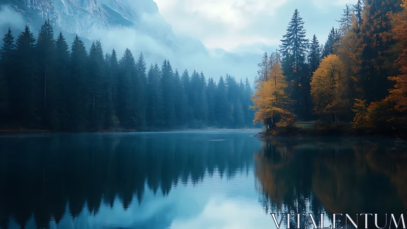 Misty forest lake with glowing autumn trees and calm reflections.