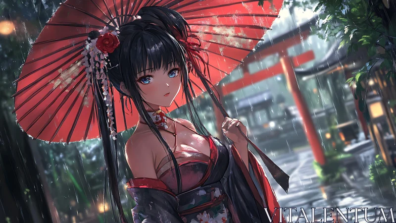 Anime rain portrait under red wagasa in shrine courtyard.