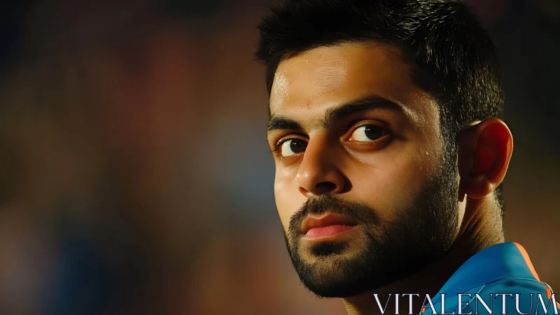 Focused close-up portrait of a cricketer in blue jersey.