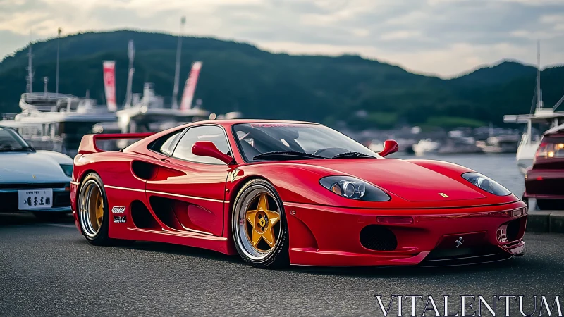 Crimson harbor racer lounges low while mountains quietly watch