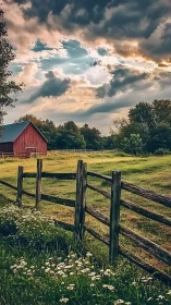 Rural farm field with weathered fence under dramatic sky.