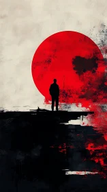 Silhouette studying red sun over abstract dark chasm.