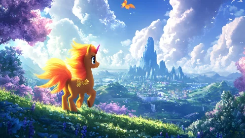 Orange unicorn pony overlooking bright fantasy valley.