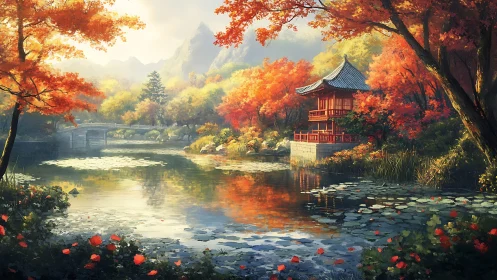 Lakeside pavilion reflects in tranquil autumn forest light