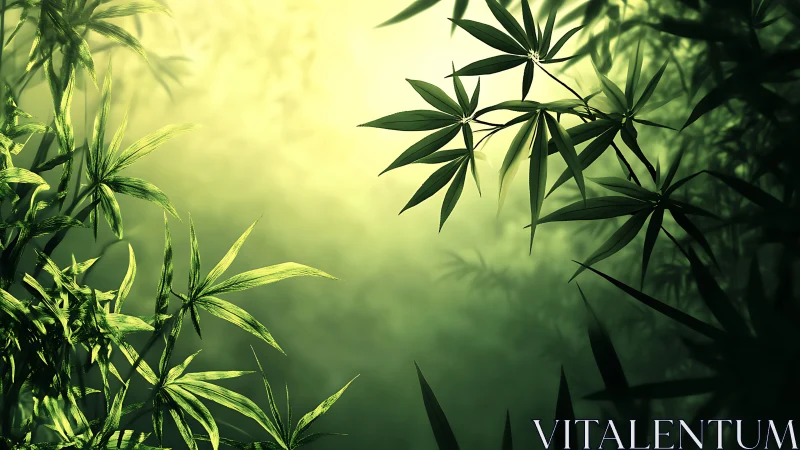 Luminous bamboo foliage in soft green atmospheric light.