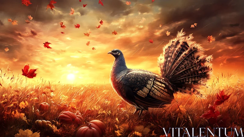 Turkey in autumn field under vivid sunset sky period.