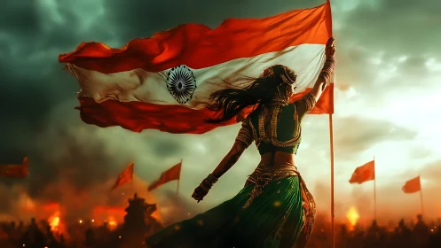 Warrior of the winds lifting a glowing crimson banner.