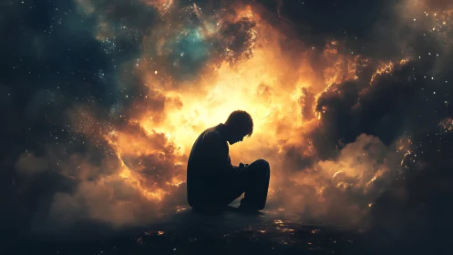 Quiet cosmic reflection in a storm of glowing stardust.