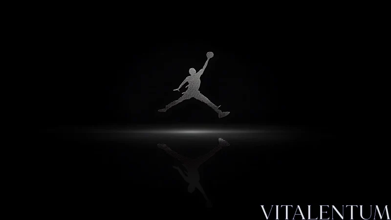 Silhouetted leaping athlete logo reflected on dark surface