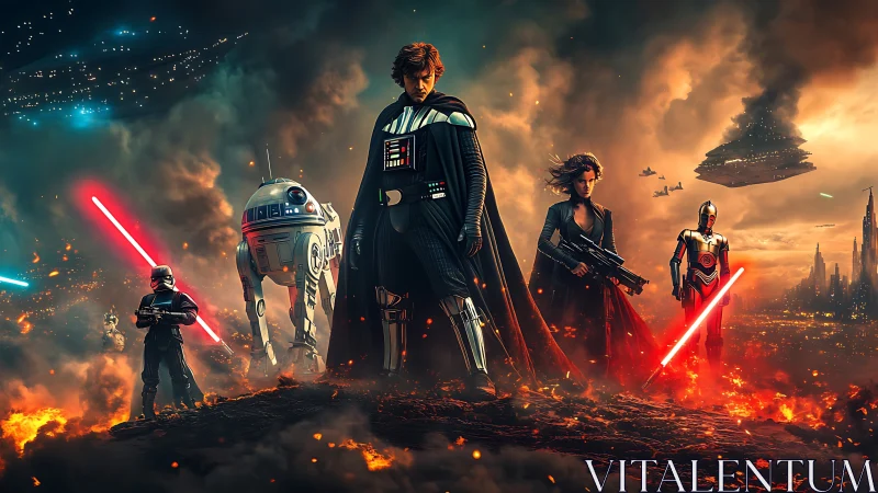 Epic sci fi battle tableau with armored heroes and droids.