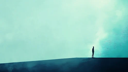 Solitary human figure on sloped horizon under teal sky.