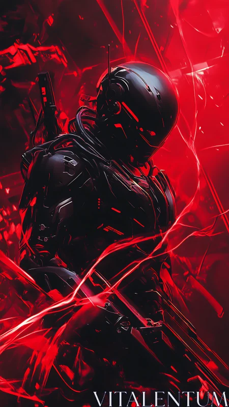 Cybernetic enforcer stands in red energy stormed void.