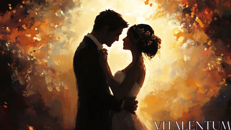 Silhouetted Romantic Figures Suspended in Luminous Amber Atmosphere.